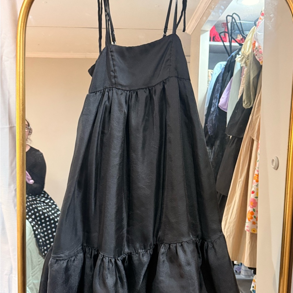 wild fable Black Satin Tiered Slip Dress with Spaghetti Straps